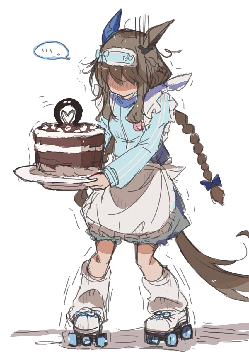 admire_vega_(umamusume) animal_ears apron blue_bow blue_jacket bow braid brown_hair cake commentary_request ear_covers faceless faceless_female food full_body grey_socks hair_bow highres holding holding_cake holding_food horse_ears horse_girl horse_tail jacket jersey_maid long_hair maid maid_apron motion_lines ra_mun5239 roller_skates shaded_face simple_background single_ear_cover skates socks speech_bubble tail twin_braids umamusume unconventional_maid white_background white_footwear