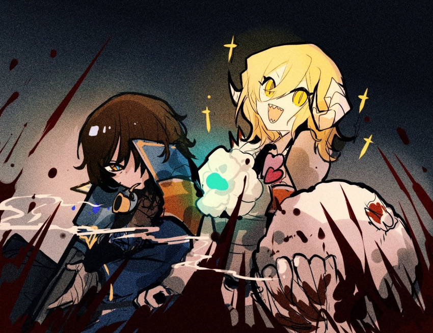 2girls aislan bandaged_hand bandages blonde_hair blue_coat brooch coat don_quixote_(project_moon) e.g.o_(project_moon) gun hammer holding holding_hammer holding_weapon horns jewelry limbus_company looking_at_viewer meat_lantern_(project_moon) multiple_girls open_mouth outis_(project_moon) project_moon rifle sharp_teeth smile smoke smoking smoking_pipe sparkle teeth upper_body weapon yellow_eyes