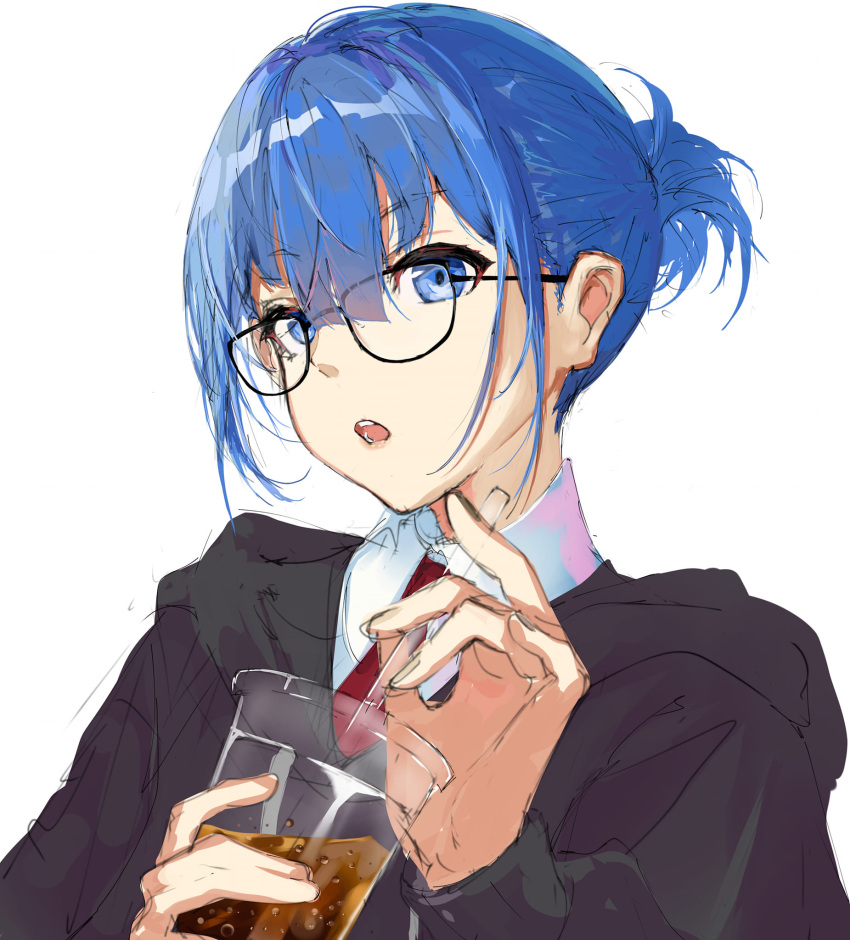 1girl aemo alternate_hairstyle bespectacled black-framed_eyewear black_jacket blue_eyes blue_hair borrowed_character collared_shirt cup disposable_cup drink erika_(mads_ez) glasses highres holding holding_drink indonesian_commentary jacket looking_at_viewer necktie open_mouth original red_necktie shirt sidelocks solo upper_body white_background white_shirt