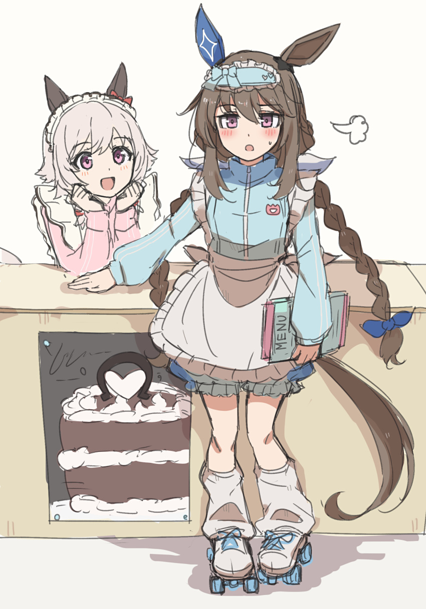 2girls :d admire_vega_(umamusume) animal_ears apron blue_bow blue_jacket blush bow braid brown_hair cabinet cake commentary_request curren_chan_(umamusume) d: ear_covers food grey_hair grey_socks hair_bow hands_on_own_chin head_rest highres holding holding_menu horse_ears horse_girl horse_tail jacket jersey_maid leaning_on_object long_hair long_sleeves looking_at_viewer maid maid_apron maid_headdress medium_hair menu multiple_girls open_mouth pink_jacket puff_of_air ra_mun5239 red_bow roller_skates simple_background single_ear_cover skates smile socks sweatdrop tail twin_braids umamusume unconventional_maid violet_eyes white_background