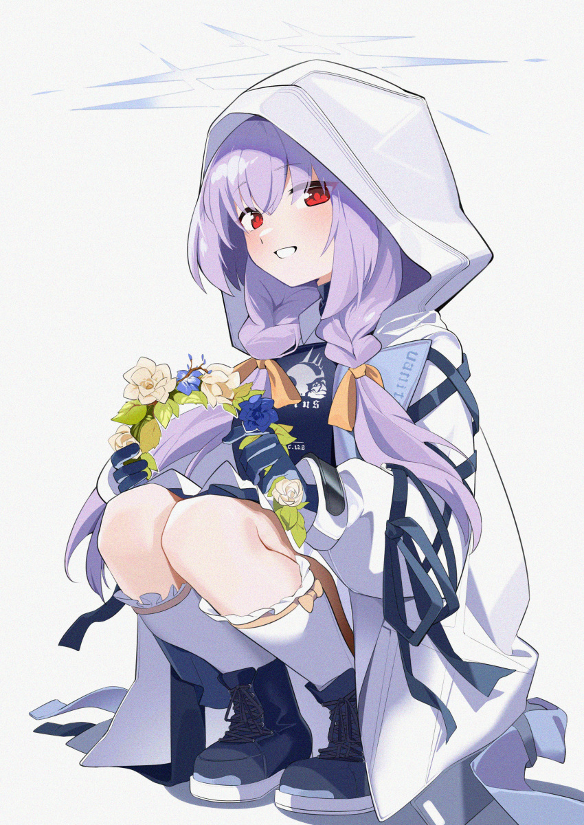 1girl absurdres atsuko_(blue_archive) black_footwear black_gloves blue_archive boots braid frilled_socks frills full_body gloves grey_halo grin halo highres hood hood_up hooded_jacket jacket long_hair looking_at_viewer open_mouth purple_hair red_eyes simple_background smile socks solo squatting twin_braids wako_(1194433260) white_background white_jacket white_socks
