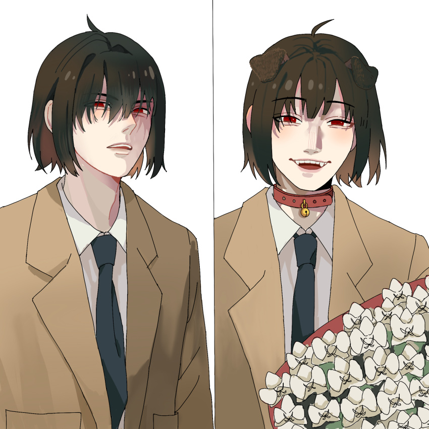 1boy ahoge animal_collar animal_ears black_hair black_necktie bouquet brown_jacket chinese_commentary collar commentary_request dog_ears fangs flower highres jacket kemonomimi_mode male_focus necktie open_mouth red_collar red_eyes smile split_screen spy_x_family yoshiki43445590 yuri_briar