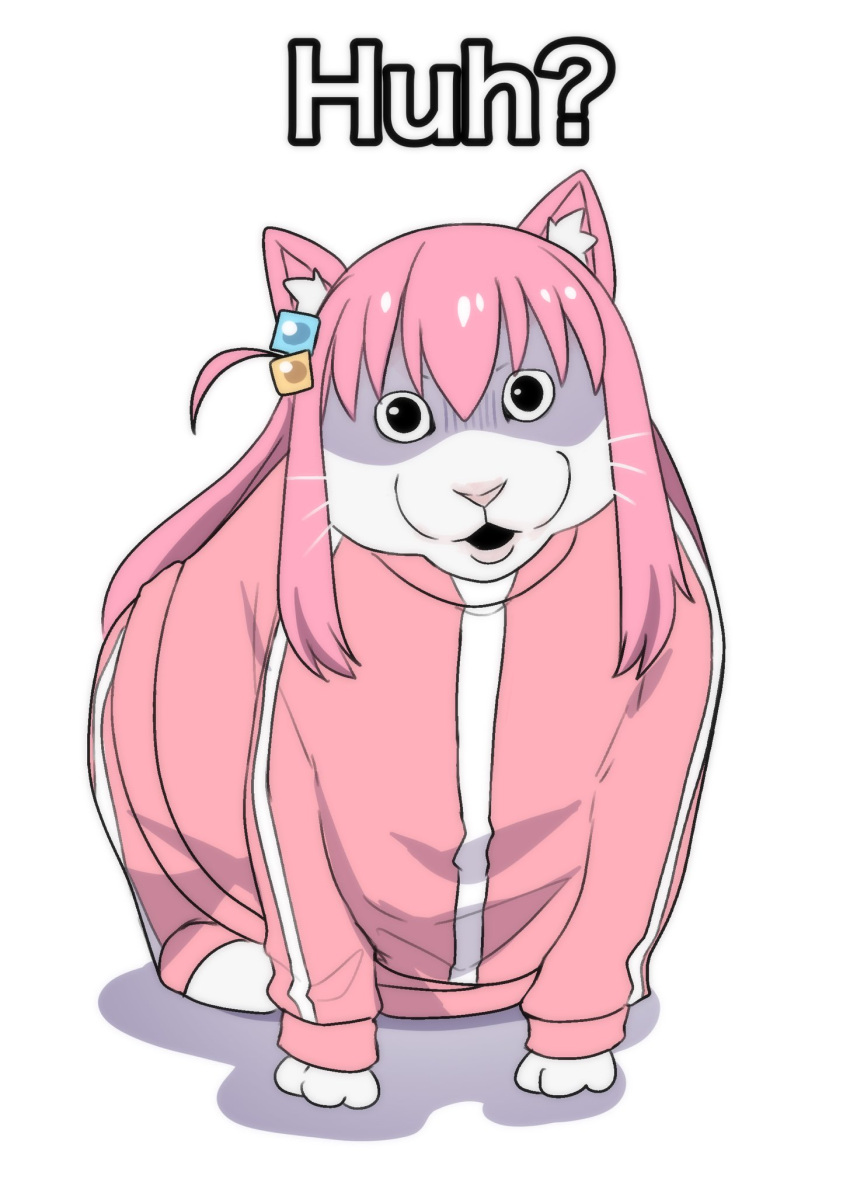 1girl animal animal_ears animal_focus animalization bocchi_the_rock! cat cat_ears cube_hair_ornament gotoh_hitori hair_ornament highres hinghoi huh?_cat_(meme) jacket long_hair meme open_mouth pink_hair pink_jacket pink_track_suit side_ahoge sitting solo track_jacket white_background