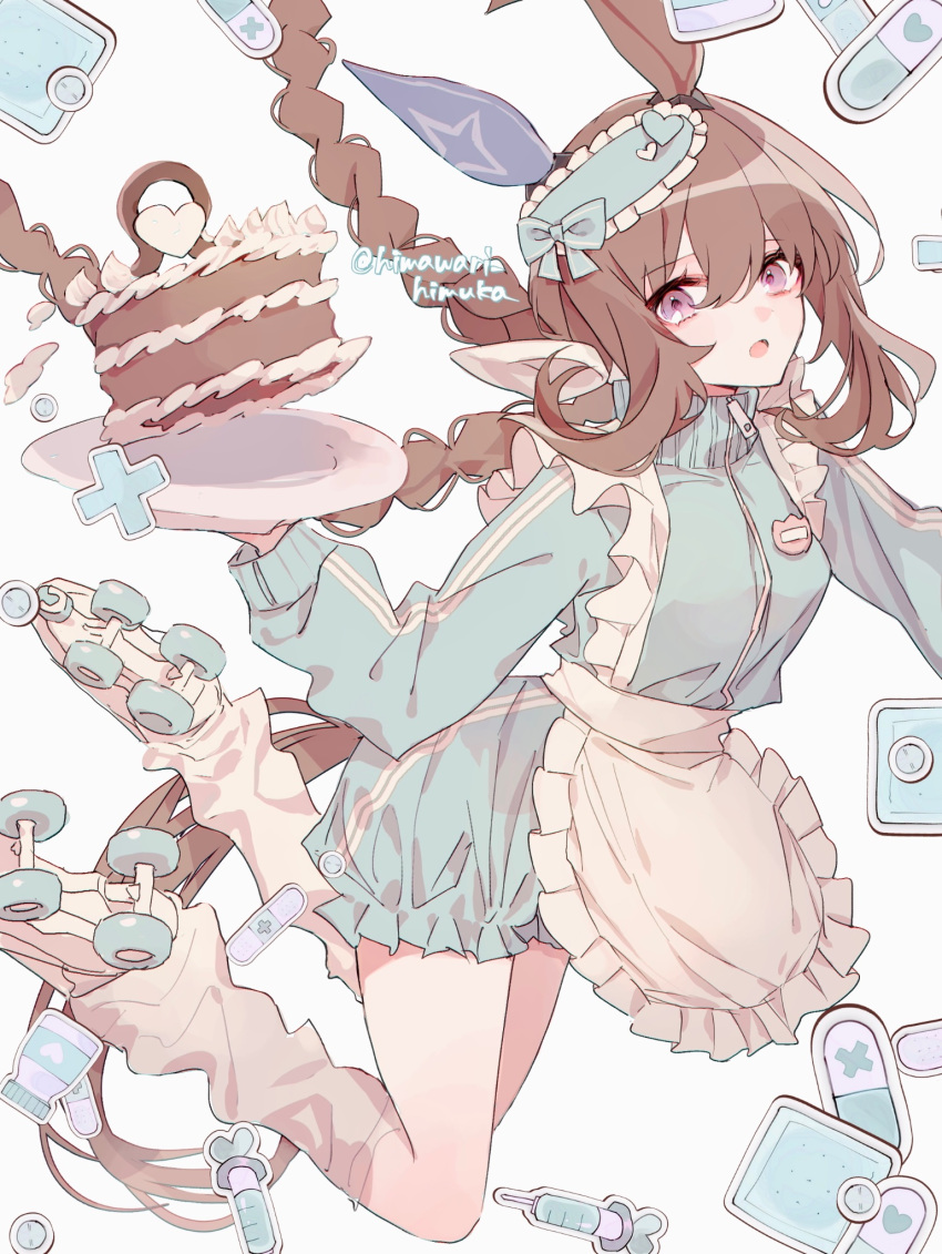 admire_vega_(umamusume) animal_ears apron artist_name blue_bow blue_jacket bow braid brown_hair cake commentary_request ear_covers falling food grey_socks hair_between_eyes hair_bow highres himawari_himuka holding holding_tray horse_ears horse_girl horse_tail jacket jersey_maid long_hair looking_at_viewer maid maid_apron open_mouth pill roller_skates single_ear_cover skates socks syringe tail tray twin_braids umamusume unconventional_maid violet_eyes white_background white_footwear