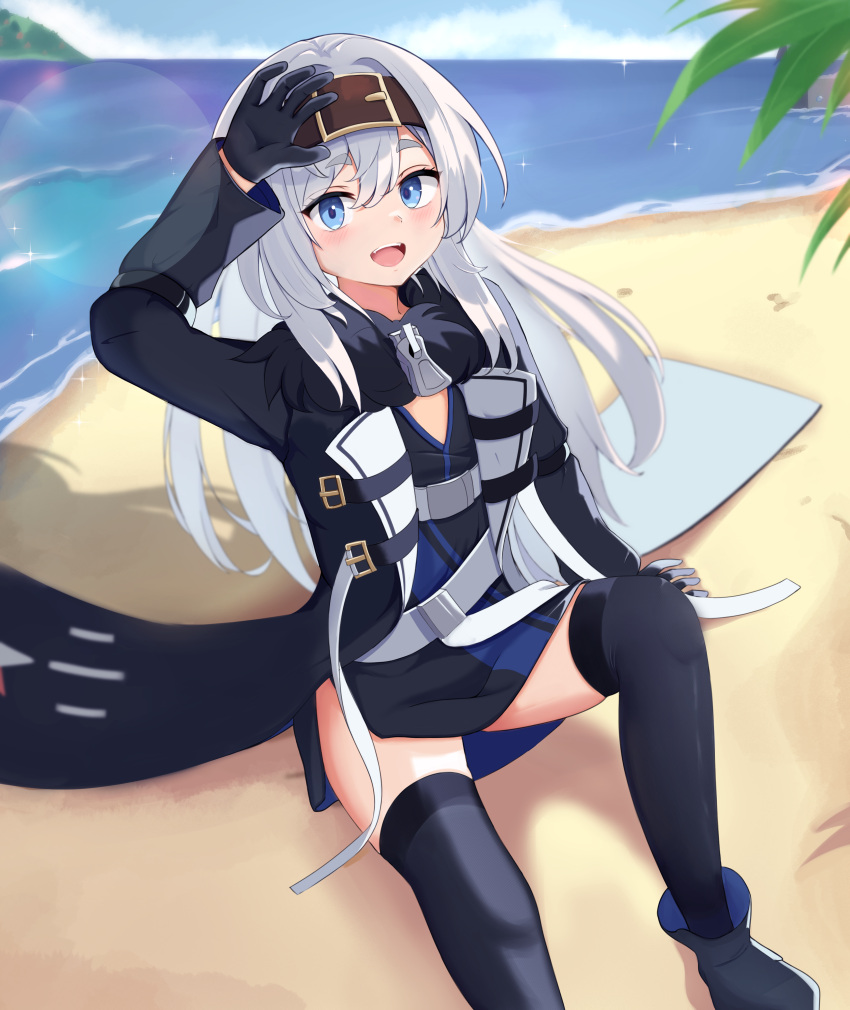 1girl :d absurdres aj_gtv arm_behind_back arm_support arm_up azur_lane beach black_coat black_dress black_gloves blue_eyes bon_homme_richard_(azur_lane) coat commission day dress fur-trimmed_coat fur_trim gloves hair_between_eyes hairband hand_on_own_forehead happy highres knee_up legs_apart long_hair long_sleeves looking_at_viewer ocean on_ground open_clothes open_coat outdoors pixiv_commission sitting smile solo teeth thigh-highs upper_teeth_only very_long_hair white_hair