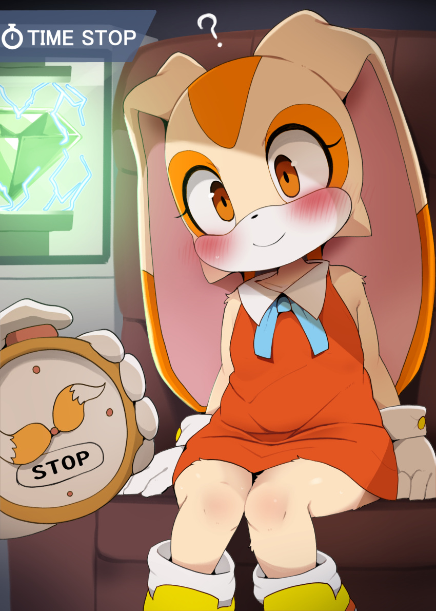 1boy 1girl ? animal_ears armchair blush body_fur brown_fur chair chaos_emerald cream_the_rabbit dagasi dress eyelashes furry furry_female gloves highres looking_at_viewer on_chair orange_eyes rabbit_ears rabbit_girl red_dress short_dress sitting sleeveless sleeveless_dress smile sonic_(series) stopwatch tails_(sonic) time_stop white_gloves