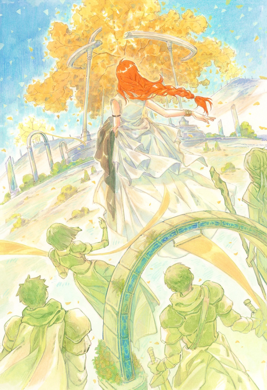 1girl 9484gu arch armband autumn_leaves bracelet chinese_commentary day dress facing_away falling_leaves flamme_(sousou_no_frieren) from_behind gate highres jewelry leaf orange_hair outdoors outstretched_arm pillar ruins sky sleeveless sleeveless_dress solo sousou_no_frieren standing statue traditional_media tree white_dress