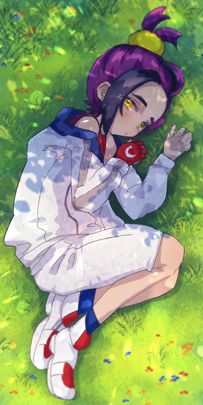 1boy black_hair blue_socks commentary_request day from_above full_body gloves grass highres holding holding_poke_ball jacket kieran_(pokemon) long_sleeves lying male_focus multicolored_hair off_shoulder on_side outdoors partially_fingerless_gloves poke_ball poke_ball_(basic) pokemon pokemon_sv purple_hair q_(f72637285) shoes shorts single_glove socks solo two-tone_hair white_footwear white_jacket white_shorts yellow_eyes