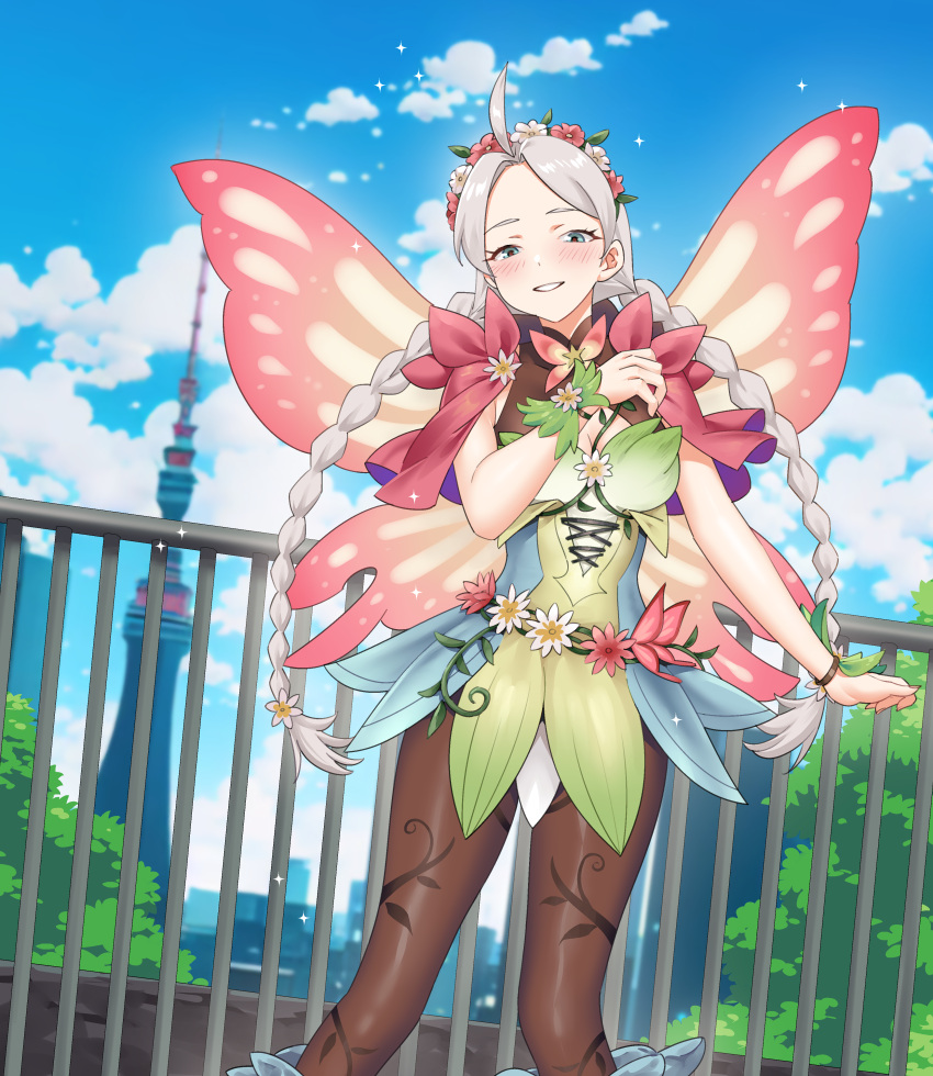 1girl absurdres ahoge blue_eyes blue_sky blush braid brown_pantyhose bush butterfly_wings capelet cityscape clouds cloudy_sky commission commissioner_upload fairy fairy_wings fire_emblem fire_emblem_fates fire_emblem_heroes flower_bracelet gradient_clothes green_bracelet grey_hair hair_vines highres igni_tion insect_wings leaf_bracelet low_twin_braids low_twintails nina_(fire_emblem) nina_(resplendent)_(fire_emblem) non-web_source official_alternate_costume pantyhose parted_bangs pink_capelet sky solo twin_braids twintails vine_print wings