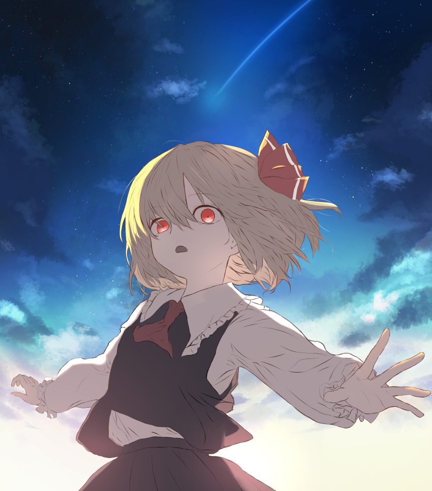 1girl absurdres ascot black_skirt black_vest blonde_hair collared_shirt hair_ribbon highres iris-san long_sleeves open_mouth outstretched_arms red_ascot red_eyes red_ribbon ribbon rumia shirt short_hair skirt solo spread_arms touhou vest white_shirt