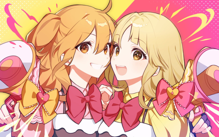 2girls :d ahoge bang_dream! black_dress blonde_hair blunt_bangs blush bow bowtie cheek-to-cheek commentary_request double-parted_bangs dress eyelashes grin heads_together heart highres holding holding_hands holding_megaphone indie_virtual_youtuber interlocked_fingers long_hair looking_at_viewer looking_to_the_side megaphone multicolored_background multiple_girls open_mouth orange_eyes orange_hair parted_bangs pink_background pink_shirt pmaru-sama polka_dot polka_dot_background red_bow red_bowtie s'il_vous_president sayu_(snowman_and_mayu) shirt side-by-side sidelocks smile spaghetti_strap teeth tsurumaki_kokoro two_side_up upper_body upper_teeth_only virtual_youtuber yellow_background yellow_bow yellow_eyes yellow_shirt