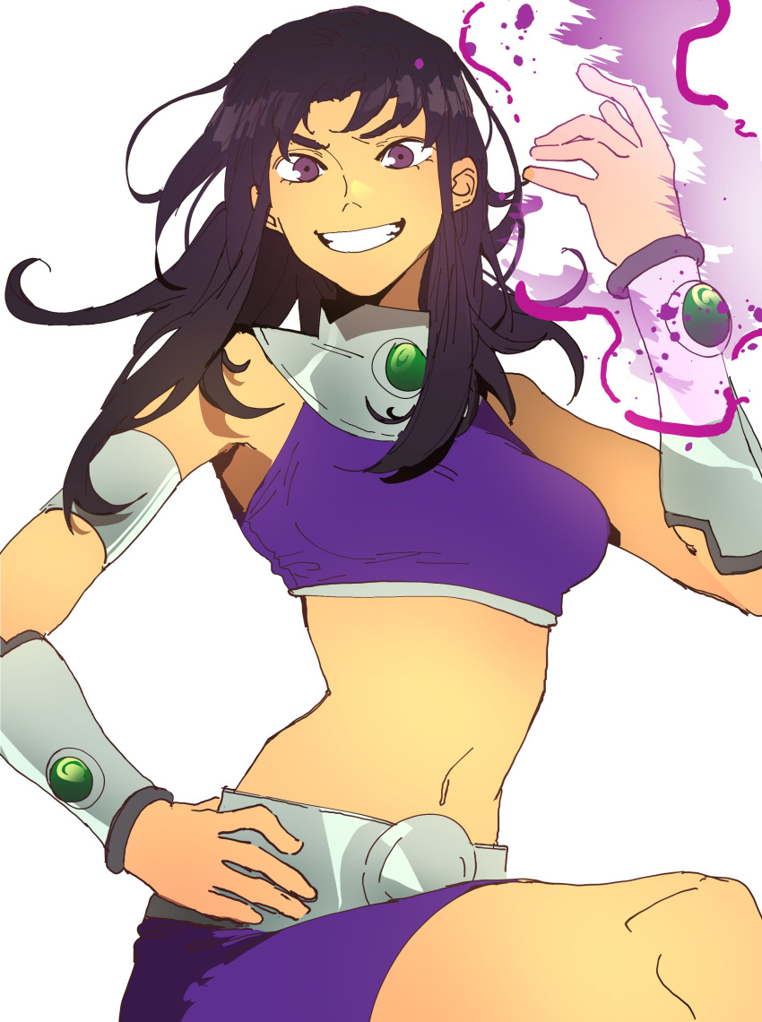 1girl absurdres arm_armor arm_guards armlet bare_shoulders belt black_hair blackfire breasts closed_mouth colored_skin cowboy_shot crop_top dc_comics energy english_commentary gem gorget green_gemstone hand_on_own_hip hand_up highres isaacchief300 knee_up long_hair looking_at_viewer medium_breasts metal_belt midriff navel open_hand parted_bangs purple_skirt purple_tank_top skirt smile solo superhero tank_top teen_titans teeth thighs v-shaped_eyebrows violet_eyes yellow_skin