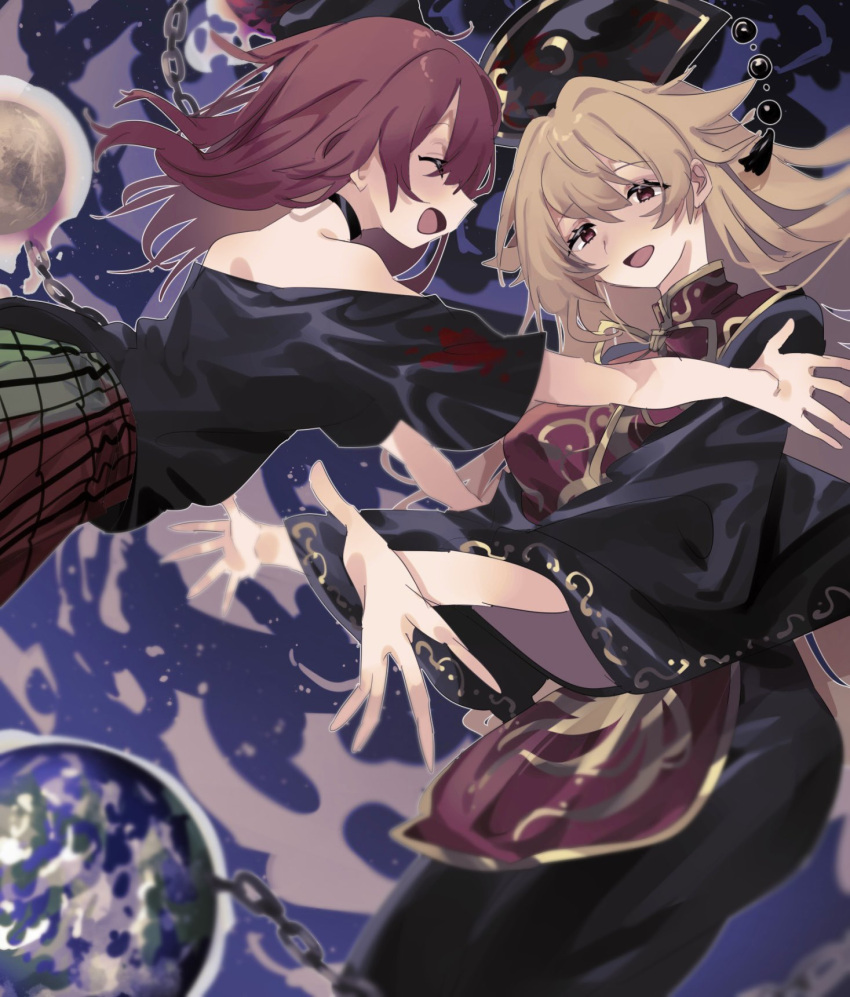 2girls ayahi_4 black_choker black_dress black_shirt blonde_hair bow breasts chain choker closed_eyes commentary dress earth_(ornament) hecatia_lapislazuli highres imminent_hug junko_(touhou) long_hair long_sleeves looking_at_another medium_breasts moon_(ornament) multicolored_clothes multicolored_skirt multiple_girls off-shoulder_shirt off_shoulder open_mouth phoenix_crown pom_pom_(clothes) red_eyes red_tabard redhead shirt short_sleeves skirt smile t-shirt tabard tassel touhou underworld_(ornament) very_long_hair wide_sleeves yellow_bow yuri