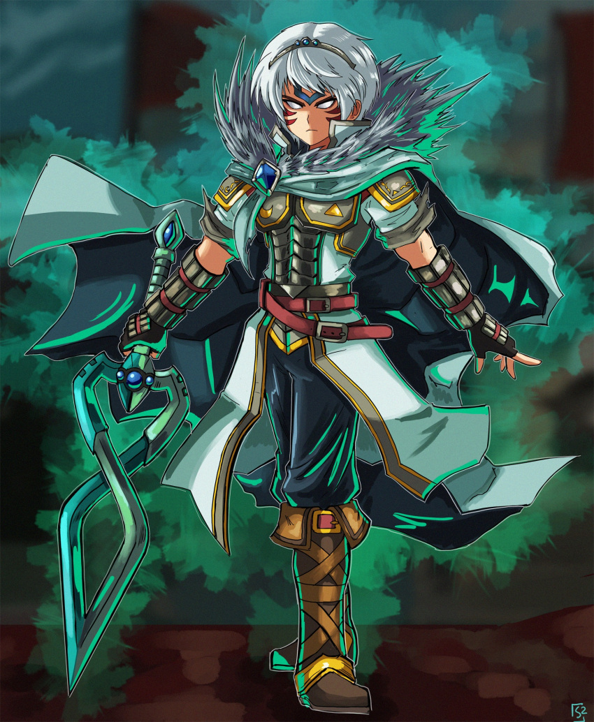 alternate_costume alternate_eye_color alternate_hair_color alternate_weapon armor aura belt black_pants blue_gemstone cape corruption crescent crossover dark_persona double_helix facial_tattoo falchion_(fire_emblem) falchion_(weapon) fierce_deity fingerless_gloves fire_emblem fire_emblem:_shadow_dragon_and_the_blade_of_light frown fur_collar gem gloves glowing highres holding holding_sword holding_weapon looking_at_viewer marth_(fire_emblem) nintendo no_pupils pants possessed short_hair standing stoic_seraphim super_smash_bros. sword tattoo the_legend_of_zelda the_legend_of_zelda:_majora's_mask tiara triangle weapon white_eyes white_hair