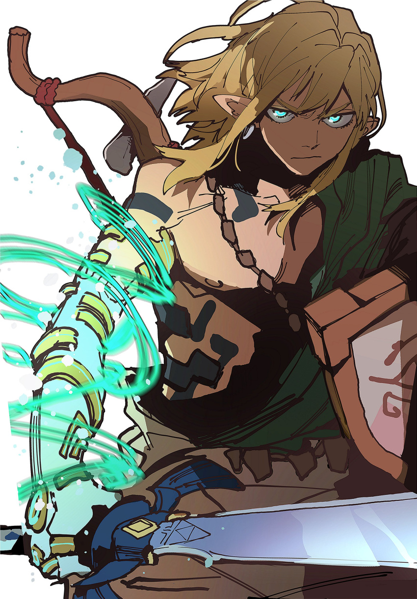 1boy absurdres archaic_set_(zelda) blue_eyes bow_(weapon) closed_mouth cowboy_shot earrings energy glowing glowing_eyes green_tunic highres holding holding_sword holding_weapon hoop_earrings isaacchief300 jewelry link master_sword mechanical_arms nipples paint_splatter pectorals pointy_ears pose_request shield sidelocks simple_background single_mechanical_arm solo sword table tattoo the_legend_of_zelda the_legend_of_zelda:_tears_of_the_kingdom triforce v-shaped_eyebrows weapon weapon_on_back white_background wooden_table