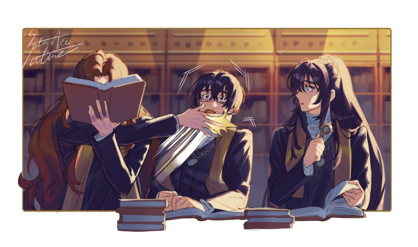 1girl 2boys black_eyes black_hair blue_eyes book brown_hair glasses holding holding_book holding_key hong_lu_(project_moon) indoors jewelry key library limbus_company long_hair multiple_boys necklace parted_lips project_moon reading rodion_(project_moon) satome_setsuko slapping stole very_long_hair yi_sang_(project_moon)