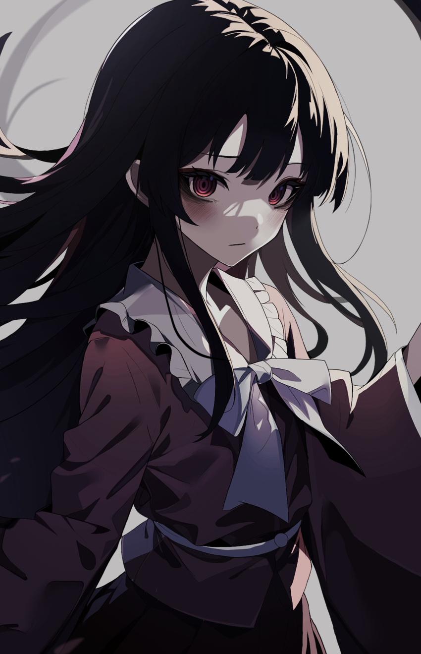 1girl black_hair bow bowtie closed_mouth commentary_request cowboy_shot expressionless frilled_shirt_collar frills grey_background highres houraisan_kaguya long_hair long_sleeves looking_at_viewer pale_skin pink_shirt red_eyes ringed_eyes shirt simple_background solo touhou upper_body usuuuv very_long_hair white_bow white_bowtie wide_sleeves