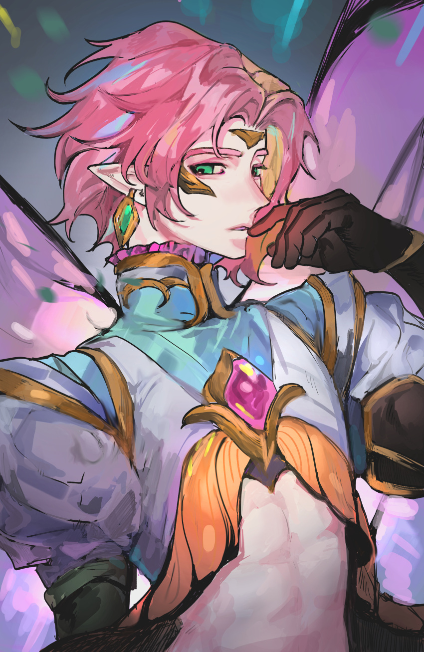 1boy abs absurdres black_gloves crop_top earrings ezreal faerie_court_ezreal finger_to_mouth gloves green_eyes highres jewelry league_of_legends male_focus neri_(neri23152939) pink_hair pointy_ears short_hair solo thick_eyebrows upper_body wings