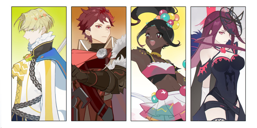 2boys 2girls alfred_(fire_emblem) armor ascot black_hair blonde_hair blue_cape brown_eyes cape closed_mouth crop_top dark-skinned_female dark_skin detached_sleeves diamant_(fire_emblem) dress fascinator fire_emblem fire_emblem_engage fur_trim gloves green_eyes hair_ornament highres ivy_(fire_emblem) long_hair long_sleeves looking_to_the_side midriff multiple_boys multiple_girls navel open_mouth ponytail purple_hair red_eyes redhead smile teeth timerra_(fire_emblem) upper_teeth_only violet_eyes xun_32 yellow_ascot