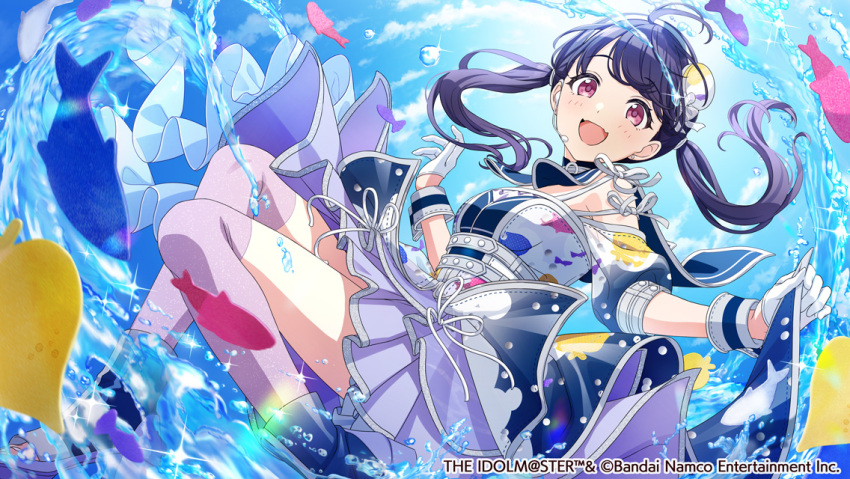 1girl black_hair boots commentary_request fangs fukumaru_koito gloves idolmaster idolmaster_shiny_colors long_hair looking_at_viewer official_art open_mouth purple_skirt purple_thighhighs skin_fangs skirt solo splashing swept_bangs thigh-highs twintails violet_eyes water white_gloves