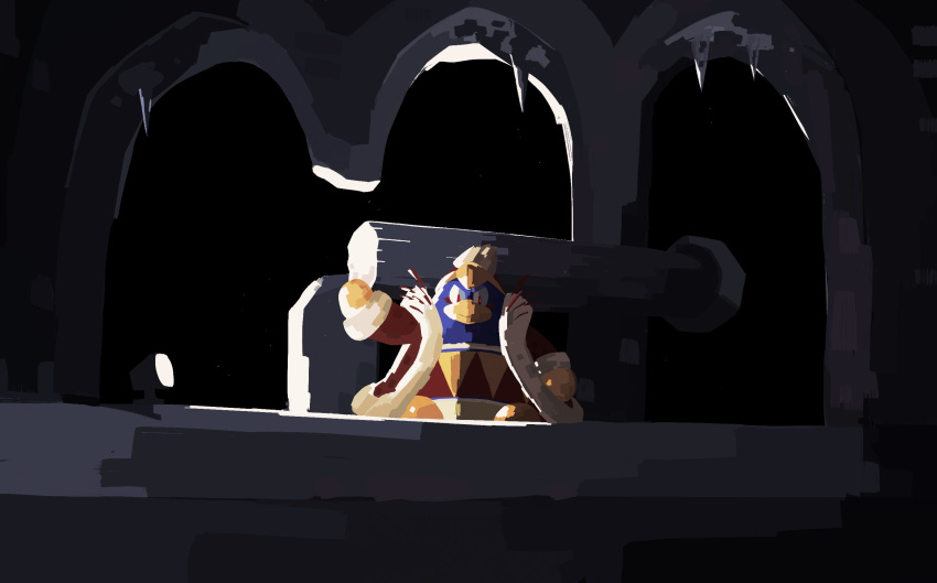 1boy 93mai broken_pillar full_body highres indoors king_dedede kirby_(series) kirby_and_the_forgotten_land looking_at_viewer male_focus no_humans pom_pom_(clothes) red_eyes solo