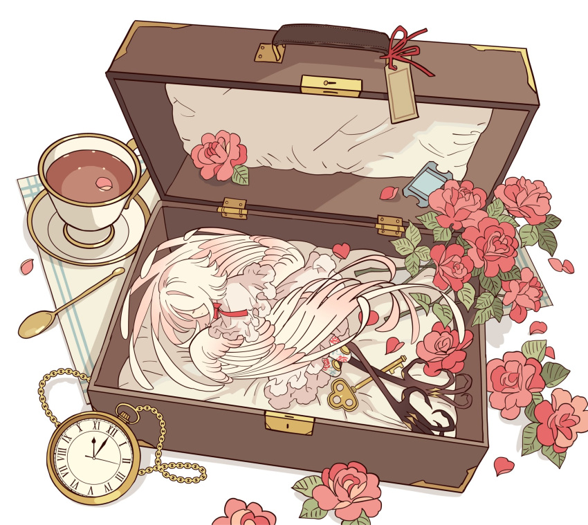 1girl bird_legs bow closed_eyes cup feathered_wings feathers flower harpy highres key meremero mini_person minigirl monster_girl original pocket_watch red_bow red_flower red_rose rose saucer simple_background sleeping spoon suitcase talons tea teacup ticket watch white_background white_feathers white_wings winged_arms wings