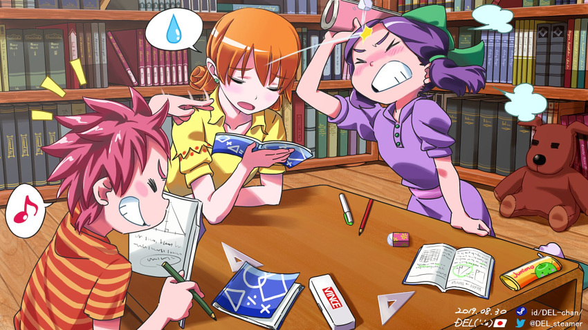 1boy 2girls artist_name blush blush_stickers book bookshelf bow closed_eyes collarbone commentary dated del-chan dress earrings elbow_rest emphasis_lines eraser evil_grin evil_smile green_bow grin hair_bow heavy_breathing highres holding holding_book holding_pencil indoors jas_(stardew_valley) jewelry junimo library multiple_girls musical_note nose_blush open_book open_mouth orange_hair pen pencil pencil_case penny_(stardew_valley) pink_hair purple_dress ruler shirt short_hair short_sleeves smile spoken_musical_note spoken_sweatdrop stardew_valley striped_clothes striped_shirt stud_earrings stuffed_animal stuffed_toy sundress sweatdrop teddy_bear teeth textbook throwing twintails twitter_username upper_body vincent_(stardew_valley) wince yellow_shirt