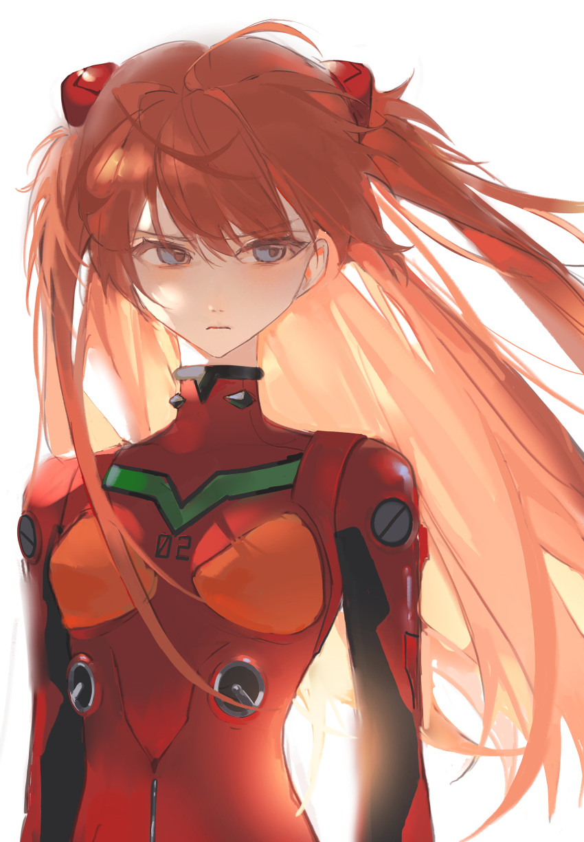 1girl :| absurdres arms_at_sides backlighting blue_eyes bodysuit closed_mouth covered_collarbone fengguai floating_hair frown hairpods highres interface_headset long_hair looking_to_the_side neon_genesis_evangelion orange_hair pilot_suit plugsuit red_bodysuit simple_background solo souryuu_asuka_langley two_side_up upper_body white_background