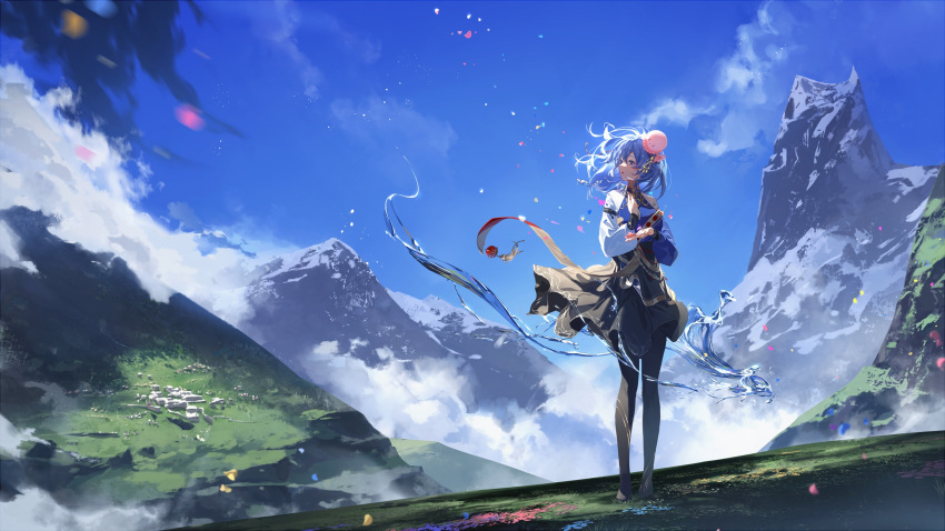 1girl black_pantyhose black_skirt blue_hair blue_shirt breasts chinese_commentary clouds day floating_hair flower haiyi highres jellyfish_hair_ornament light_particles long_hair long_sleeves looking_to_the_side mountain mountaintop outdoors pantyhose petals scenery shirt skirt sky solo standing synthesizer_v water wind wind_lift zirancike
