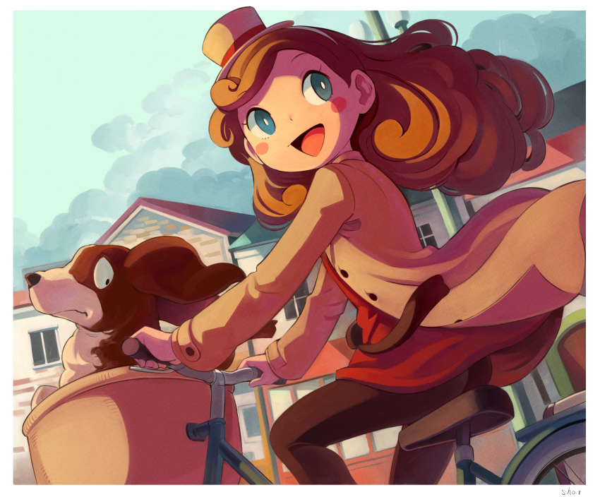 1girl :d absurdres bicycle bicycle_basket blue_eyes blush_stickers bright_pupils brown_fur brown_pants clouds cloudy_sky coat cropped_legs curly_hair dog happy hat highres house in_basket katrielle_layton long_hair looking_at_hands looking_to_the_side mini_hat mini_top_hat pants pole professor_layton riding riding_bicycle sherl_(professor_layton) sho.t sky smile solo top_hat translation_request two-tone_fur white_fur white_pupils worried yellow_coat yellow_headwear