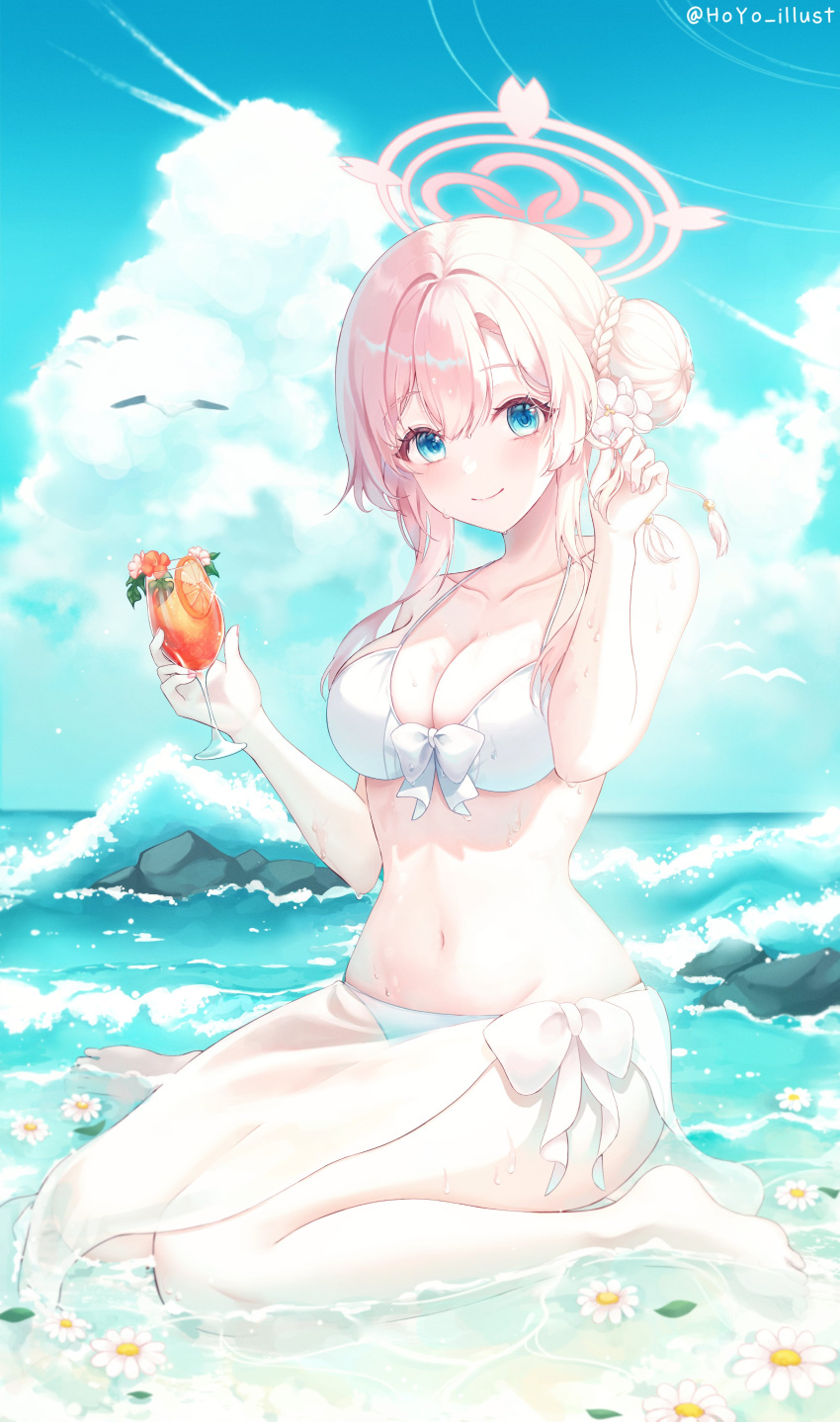 1girl absurdres bikini blue_archive blue_eyes blush breasts cleavage closed_mouth cloud collarbone cumulonimbus_cloud day flower hair_bun hair_flower hair_ornament halo highres hoyo_illust large_breasts looking_at_viewer mimori_(blue_archive) mimori_(swimsuit)_(blue_archive) navel ocean official_alternate_costume pink_hair pink_halo sarong short_hair sidelocks single_side_bun smile solo swimsuit water white_bikini white_flower