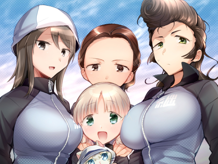 4girls :d aki_(girls_und_panzer) animalization blue_headwear blue_jacket blue_sky brown_eyes brown_hair cat closed_mouth clouds cloudy_sky commentary day frown girl_sandwich girls_und_panzer green_eyes hair_pulled_back hair_tie hand_on_another's_shoulder hat highres jacket keizoku_military_uniform koyama_harutarou light_brown_hair long_hair long_sleeves looking_at_viewer low_twintails mika_(girls_und_panzer) military_uniform multiple_girls open_mouth outdoors pompadour raglan_sleeves sandwiched short_hair short_twintails sky smile sweatdrop tami_(girls_und_panzer) track_jacket tulip_hat twintails uniform youko_(girls_und_panzer) yuri_(girls_und_panzer)