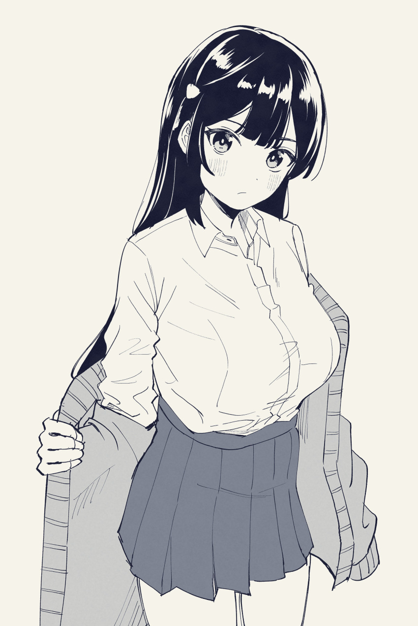 1girl absurdres alternate_breast_size blush breasts cardigan closed_mouth collared_shirt greyscale highres large_breasts long_hair long_sleeves looking_at_viewer love_live! love_live!_nijigasaki_high_school_idol_club monochrome open_cardigan open_clothes opened_by_self pleated_skirt shirt sidelocks skirt solo swept_bangs tatsumi432 upper_body white_background yuuki_setsuna_(love_live!)
