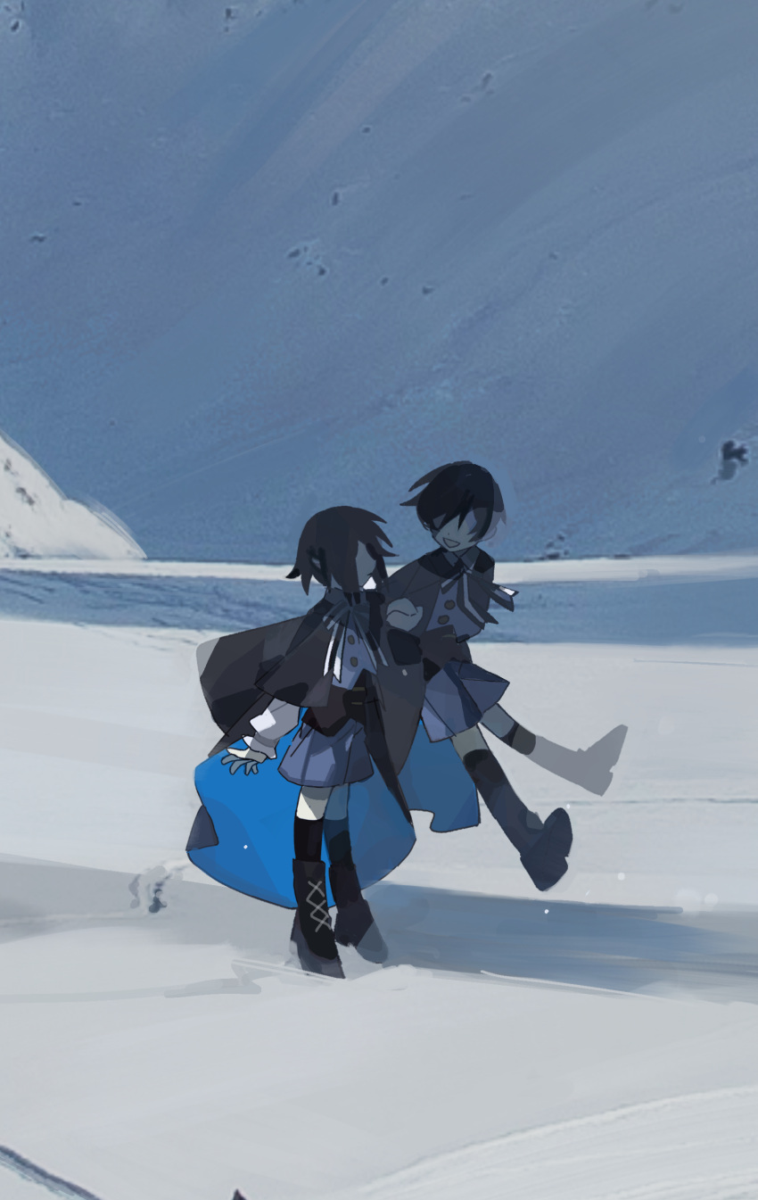 absurdres akira_(female)_(mahoutsukai_no_yakusoku) akira_(male)_(mahoutsukai_no_yakusoku) black_cape black_capelet black_footwear black_hair black_socks blue_cape blue_shorts blue_skirt blue_sky boots bow bowtie buttons cape capelet character_request check_character chinese_commentary commentary_request cross-laced_footwear faceless faceless_female full_body highres looking_at_another mahoutsukai_no_yakusoku midair miniskirt no_eyes open_mouth outdoors over-kneehighs shadow shirt short_hair shorts skirt sky smile socks thigh-highs tiankong_yiji tundra two-sided_cape two-sided_fabric white_bow white_bowtie white_shirt