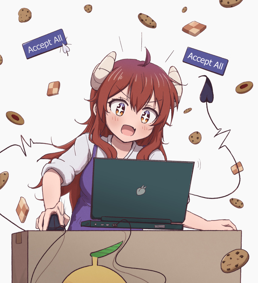 +_+ 1girl absurdres ahoge box breasts brown_eyes camisole cardboard_box commentary computer cookie curled_horns cursor demon_girl demon_horns demon_tail english_text fang food hair_between_eyes highres horns laptop long_hair machikado_mazoku mikan_box mouse_(computer) open_mouth purple_camisole redhead shirt sidelocks simple_background skin_fang solo symbol-only_commentary tail white_background white_shirt yoshida_yuuko_(machikado_mazoku) yunoppi