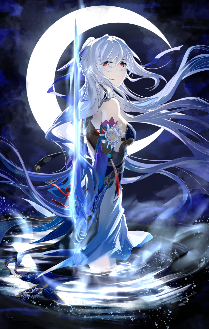 1girl absurdres arms_behind_back bare_shoulders black_gloves blue_sleeves crescent_moon crystal_sword detached_sleeves epiphyllum flower gloves high_ponytail highres holding holding_sword holding_weapon honkai:_star_rail honkai_(series) huge_moon jingliu_(honkai:_star_rail) long_hair looking_at_viewer moon night night_sky partially_submerged red_eyes red_tassel skirt sky solo sword sword_behind_back water weapon white_flower white_hair white_skirt yan_miao