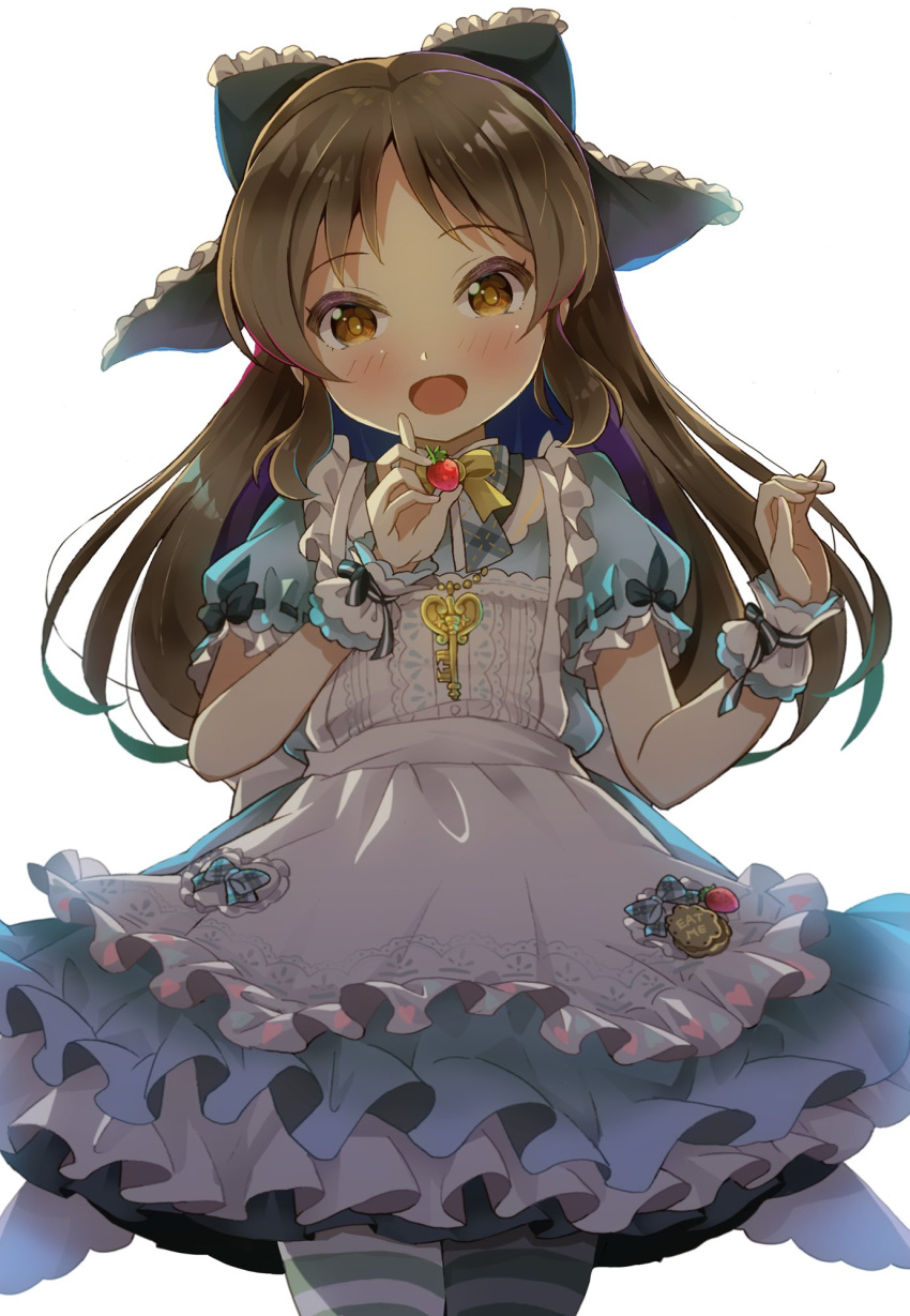 1girl apron backlighting bead_necklace beads blue_dress blue_ribbon blush bow brown_eyes brown_hair clothes_writing commentary curled_fingers dress dress_bow english_text food frilled_apron frilled_dress frilled_ribbon frilled_wrist_cuffs frills fruit hair_ribbon hands_up highres holding holding_food holding_fruit idolmaster idolmaster_cinderella_girls idolmaster_cinderella_girls_starlight_stage jewelry key key_necklace layered_dress long_hair looking_at_viewer michii_yuuki neck_ribbon necklace open_mouth plaid plaid_ribbon puffy_short_sleeves puffy_sleeves ribbon scrunchie short_sleeves simple_background sleeve_ribbon smile solo standing strawberry tachibana_arisu thigh-highs waist_bow white_apron white_background white_ribbon wrist_cuffs yellow_bow