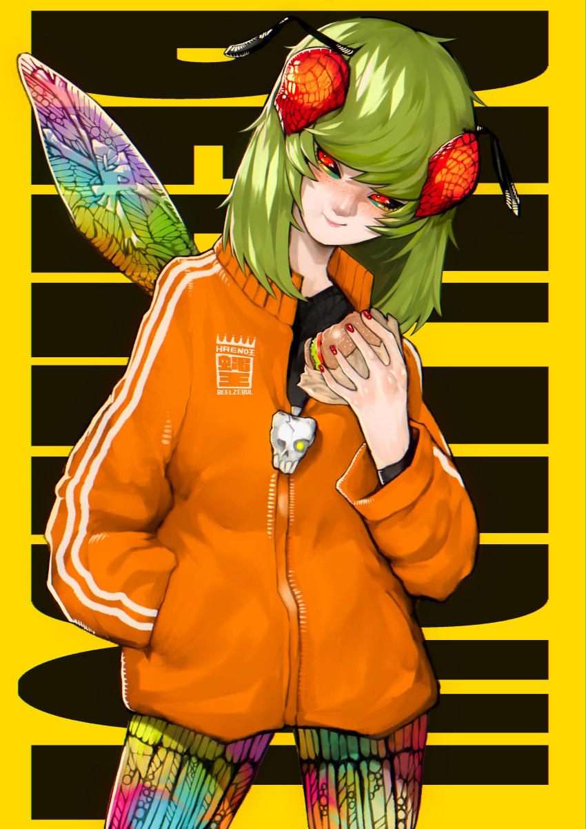 1girl absurdres antennae arthropod_girl beelzebub bite_mark black_sclera burger colored_sclera compound_eyes cowboy_shot eating extra_eyes eyelashes eyeshadow food freckles green_hair hand_in_pocket hand_up highres holding holding_food insect_wings jacket long_sleeves looking_at_viewer makeup multicolored_eyeshadow multicolored_pantyhose multicolored_wings nail_polish orange_jacket original rainbow_wings red_eyes red_nails short_hair sideways_glance single_wing skull_ornament smile solo sumosamo text_background track_jacket transparent_wings wings yellow_background zipper