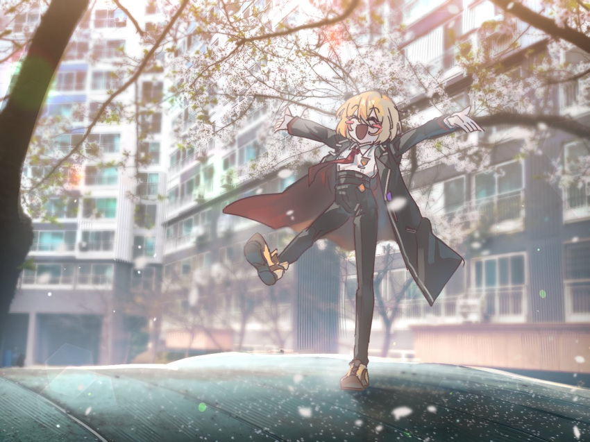 1girl arms_up black_coat black_pants blush_stickers coat collared_shirt don_quixote_(project_moon) feruca happy limbus_company long_sleeves necktie open_mouth outdoors pants photo_background project_moon red_necktie shirt smile solo standing standing_on_one_leg white_shirt