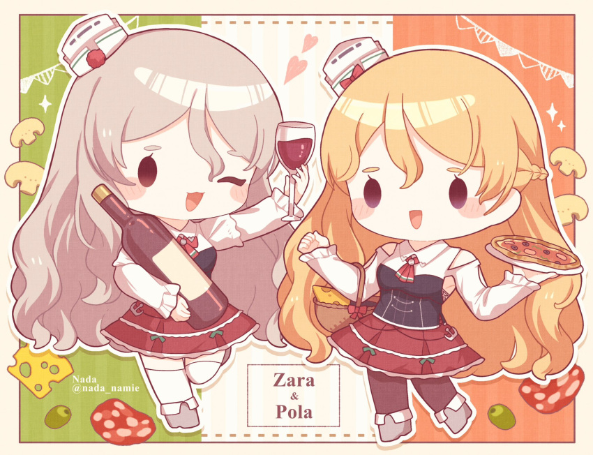 2girls alternate_legwear basket black_pantyhose blonde_hair bottle braid cheese chibi clothing_cutout cup drinking_glass food french_braid grey_hair hair_between_eyes hat heart highres holding holding_bottle holding_plate italian_flag kantai_collection long_hair long_sleeves mini_hat multiple_girls mushroom nada_namie olive one_eye_closed open_mouth pantyhose pizza plate pola_(kancolle) red_skirt shoulder_cutout skirt sparkle thigh-highs white_thighhighs wine_bottle wine_glass zara_(kancolle)
