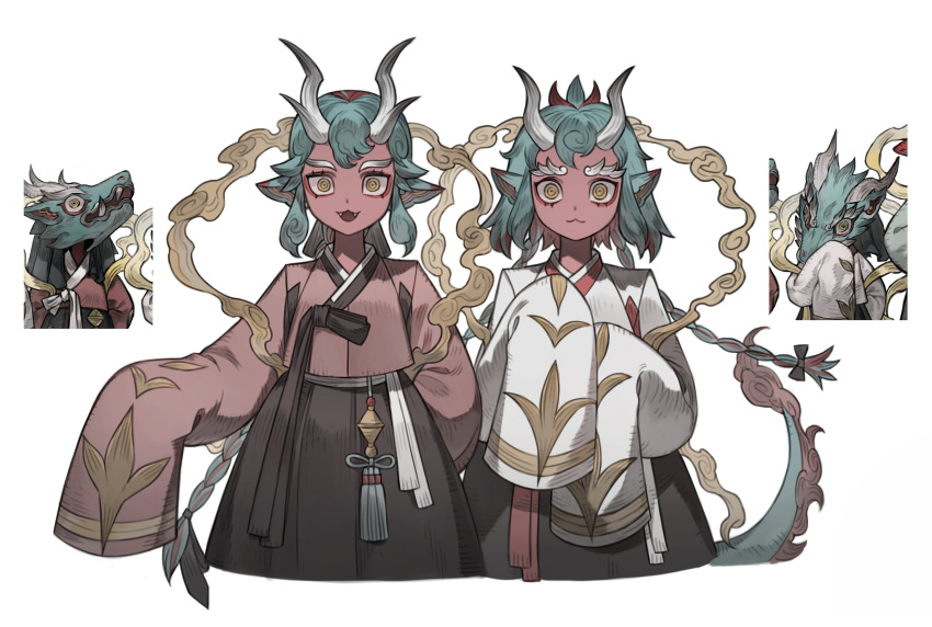 2others :3 absurdres androgynous aqua_hair arm_behind_back black_bow bow braid closed_mouth colored_skin commentary_request cropped_legs dragon_ears dragon_tail eyeliner fangs hagoromo hair_bow hanbok hands_up highres horns inset korean_clothes korean_commentary long_sleeves looking_at_viewer makeup multicolored_hair multiple_others napal_(ve_xillum) original outstretched_arm popen red_eyeliner red_skin ringed_eyes shawl short_hair_with_long_locks simple_background sleeves_past_fingers sleeves_past_wrists smile straight-on streaked_hair tail tassel twin_braids white_background yellow_eyes