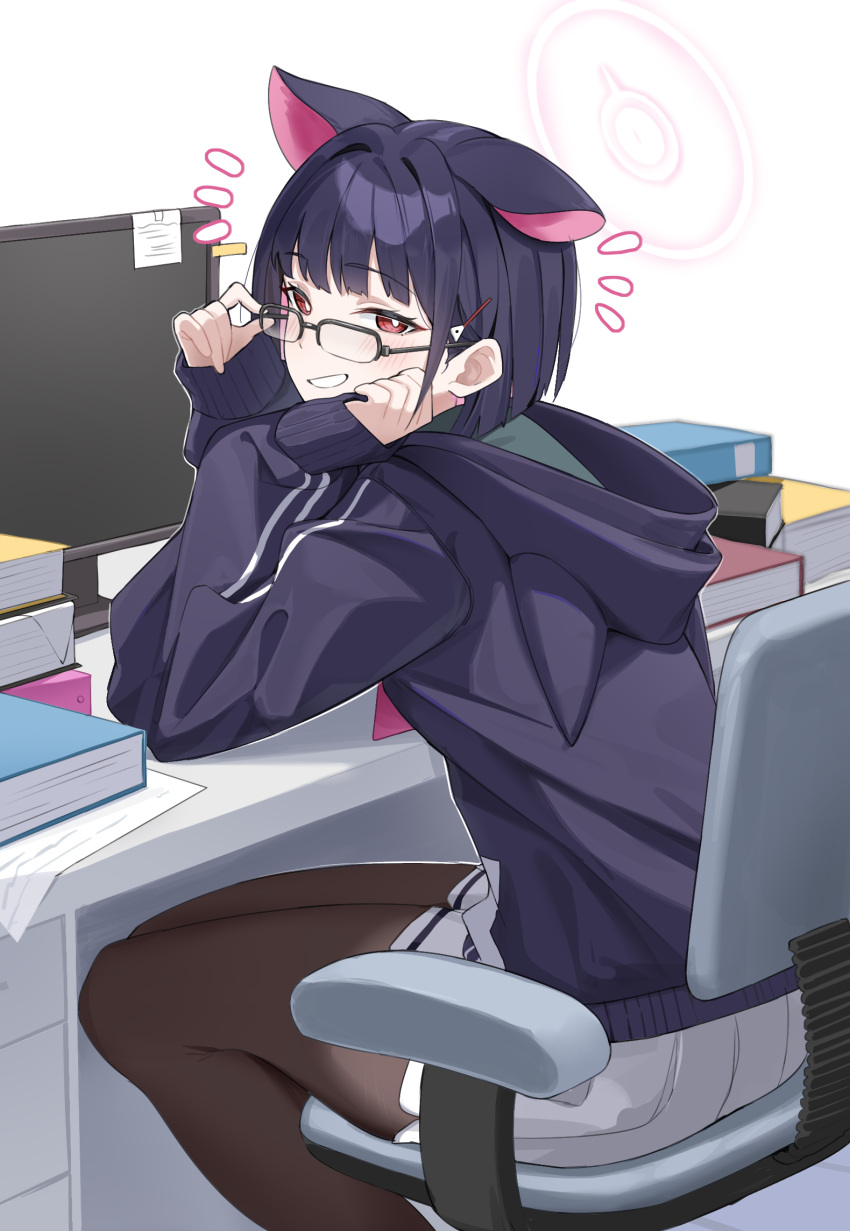 1girl animal_ears black_hair black_jacket blue_archive book cat_ears chair desk glasses green_shirt halo highres jacket kazusa_(blue_archive) monitor office_chair pantyhose pink_halo red_eyes shirt short_hair skirt sticky_note swivel_chair tamago_(eva1314056) white_skirt