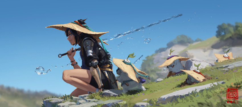 1girl arm_support black_hair black_robe black_shorts blurry blurry_background closed_mouth creature day from_side grass hand_up hat highres holding holding_sword holding_weapon hydrokinesis kan_liu_(666k) kneeling on_one_knee original over_shoulder pointy_ears profile prosthesis prosthetic_arm robe rock seal_impression short_hair short_sleeves shorts sidelocks sky sleeping smile solo straw_hat sword sword_over_shoulder tree water weapon weapon_over_shoulder