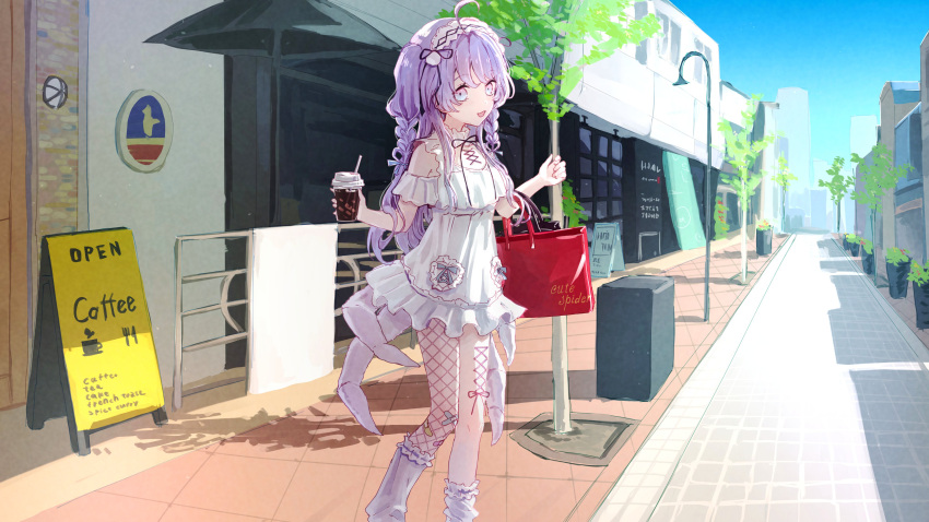 1girl absurdres amiya_aranha amiya_aranha_(1st_costume) bag black_ribbon bow cafe clothing_cutout commission cowlick cup dress hairband handbag heart highres holding holding_cup iced_coffee indie_virtual_youtuber lolita_hairband outdoors pantyhose purple_bow purple_pantyhose red_bag ribbon second-party_source shadow shop shoulder_cutout sign single_leg_pantyhose sky smile socks solo tree two_side_up violet_eyes virtual_youtuber white_dress white_hairband white_socks yami_ara