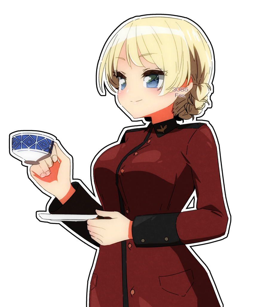 1girl 3085fes artist_name black_outline blonde_hair blue_eyes braid closed_mouth cup darjeeling_(girls_und_panzer) girls_und_panzer highres holding holding_cup holding_saucer jacket long_sleeves looking_to_the_side military_uniform outline red_jacket saucer short_hair simple_background smile solo st._gloriana's_military_uniform teacup uniform white_background