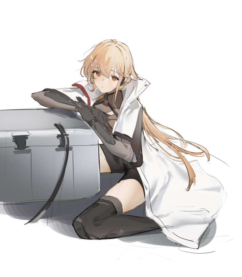1girl absurdres black_gloves blonde_hair brown_shirt closed_mouth coat flantia girls'_frontline_2:_exilium girls_frontline gloves hair_between_eyes highres long_hair long_sleeves looking_at_viewer orange_eyes ots-14_(girls'_frontline) shirt simple_background sitting solo thigh-highs very_long_hair wariza white_background white_coat