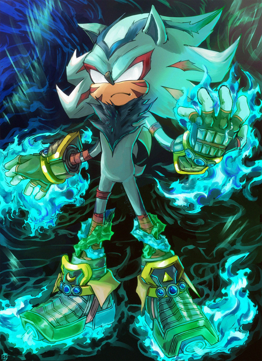 alternate_color alternate_costume alternate_eye_color armor aura blue_gemstone boots corruption crescent crossover crystal dark_persona double_helix facial_tattoo fierce_deity fingerless_gloves fire frown gem gloves glowing highres nintendo no_pupils pointy_ears possessed sega shadow_the_hedgehog sonic_(series) sonic_adventure_2 stoic_seraphim tail tattoo the_legend_of_zelda the_legend_of_zelda:_majora's_mask triangle white_eyes