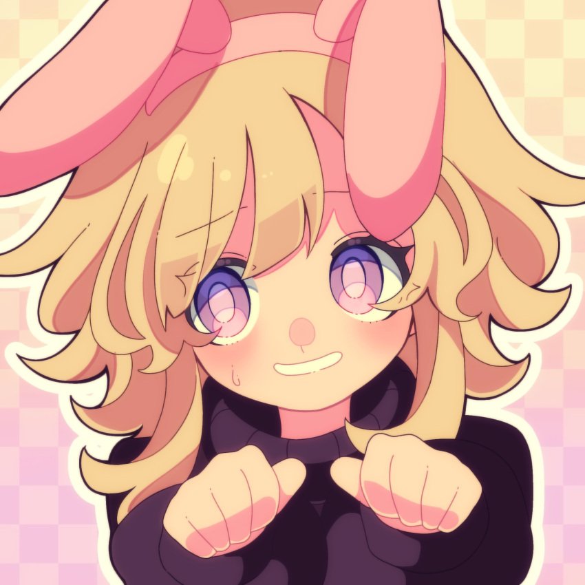 animal_ear_hairband animal_ears blonde_hair checkered_background double-parted_bangs eyelashes facing_viewer fake_animal_ears flipped_hair gradient_background hair_between_eyes hairband head_tilt headband highres long_sleeves looking_to_the_side lop_rabbit_ears medium_hair nervous nervous_smile nervous_sweating outline parted_lips paw_pose pink_headband puffy_long_sleeves puffy_sleeves purple_background purple_sweater rabbit_ears rueruechn shaded_face sidelocks smile sweat sweater tareme teeth turtleneck turtleneck_sweater unusually_open_eyes upper_body urotsuki violet_eyes white_outline yume_2kki