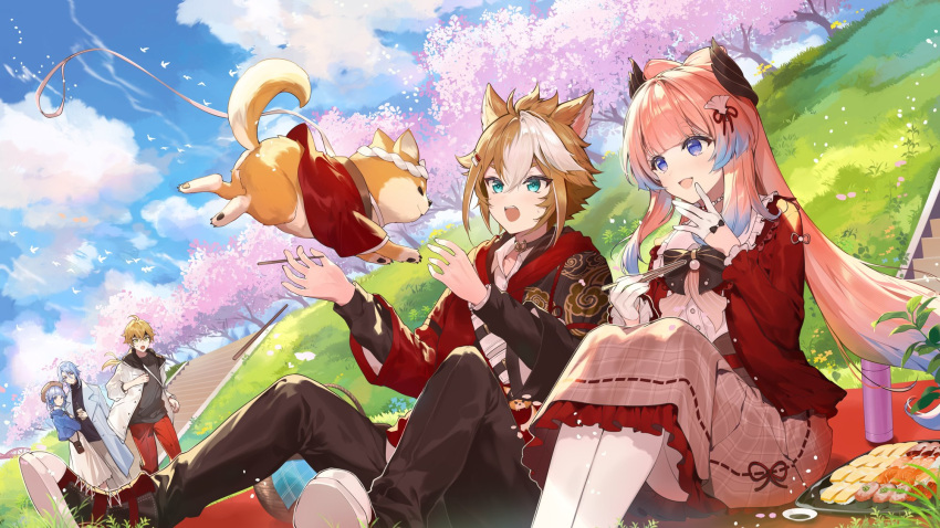 2girls 3boys alternate_costume black_bow blue_eyes blue_hair bow bow-shaped_hair casual chopsticks clouds cloudy_sky colored_tips dress food genshin_impact glove_bow gloves gorou_(genshin_impact) gorou_(sushiro)_(genshin_impact) half_gloves highres holding holding_chopsticks jacket jewelry kamisato_ayaka kamisato_ayato light_blue_hair long_hair long_sleeves looking_at_another multicolored_hair multiple_boys multiple_girls necklace necomi official_alternate_costume open_clothes open_jacket open_mouth outdoors pantyhose pearl_necklace pink_hair red_jacket running sangonomiya_kokomi sangonomiya_kokomi_(sushiro) sidelocks sitting sky smile standing striped_clothes striped_dress sushi taroumaru_(genshin_impact) thoma_(genshin_impact) white_gloves white_pantyhose