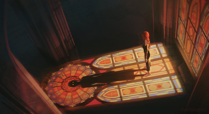 1girl artist_name bare_shoulders barefoot black_dress braid braided_ponytail chainsaw_man commentary dress english_commentary from_above from_side highres indoors kantakerro long_hair long_sleeves makima_(chainsaw_man) off_shoulder redhead shadow single_braid solo stained_glass window_shade
